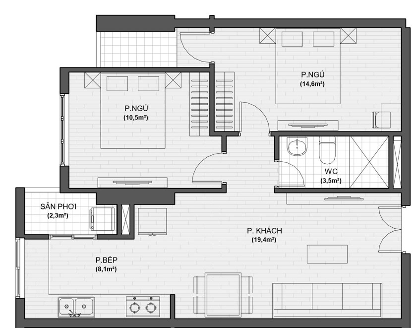 thiết kế căn hộ 2 ngủ